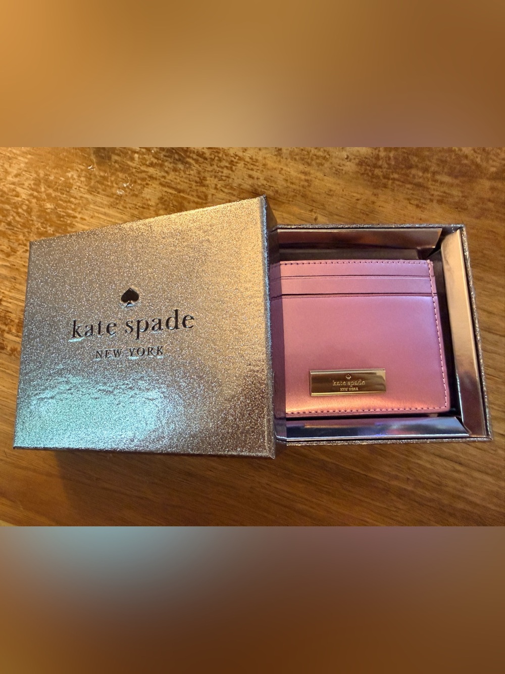 Kate Spade New York Metallic Pink Leather Slim Card Holder NWT w/ Box